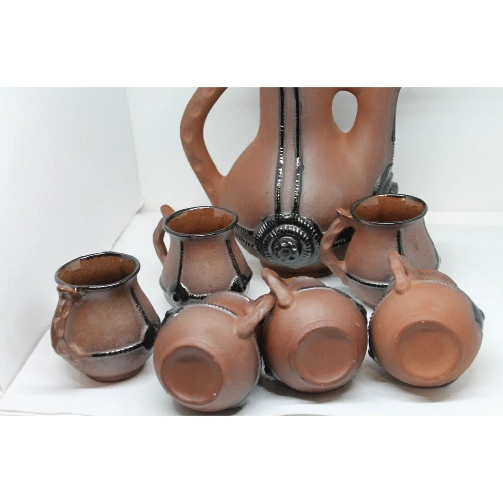 Bulgarian Clay Pottery Pitcher w/Sculptural Handle Decorative Elements 6 Mugs
